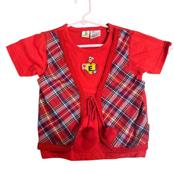Sesame Street Toddler Girls 4T Elmo Red Shirt w/ Attached Plaid Vest NWT - Picture 1 of 9